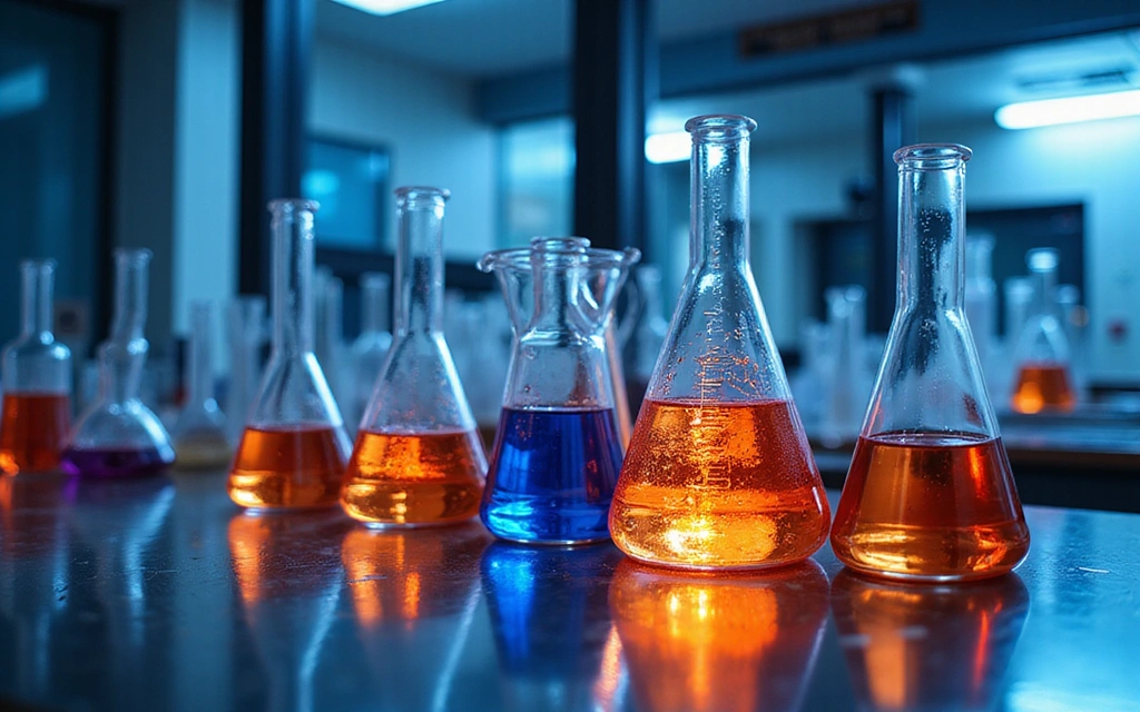 Abstract representation of scientific research with beakers and test tubes containing glowing liquids in a clean, modern laboratory environment.