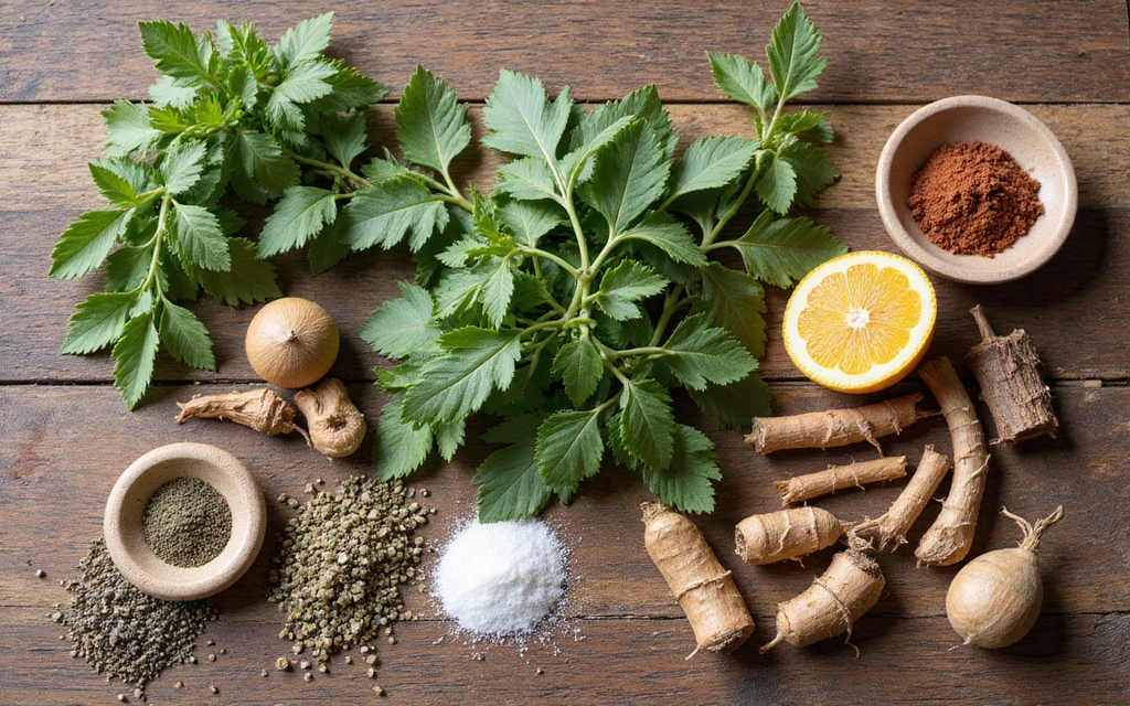 Collage of various natural ingredients including herbs, roots, and plants on a wooden table, symbolizing the essence of natural health products.