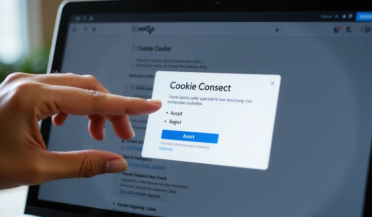 A person's hand interacting with a digital interface, featuring a cookie consent pop-up with options to accept, reject, or manage cookie preferences.