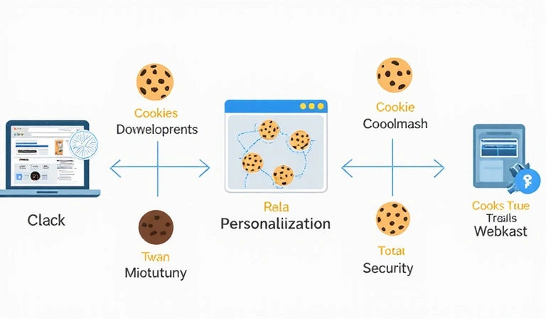 Illustration of various types of cookies and their function in web browsing, showing small data packets flowing between a browser and a server.