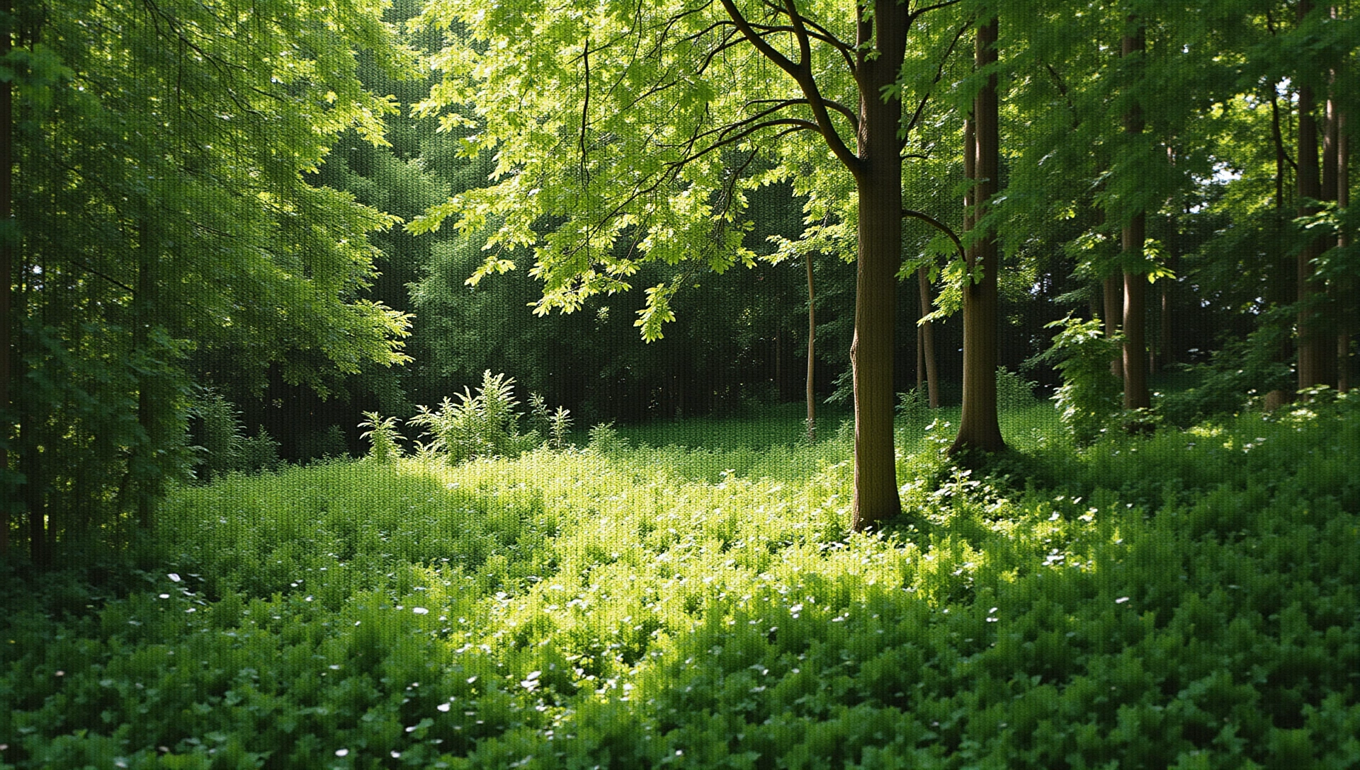 Lush green forest with sunlight filtering through the trees