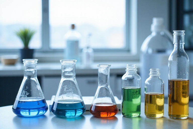 Laboratory equipment with beakers and test tubes, symbolizing scientific research and development.